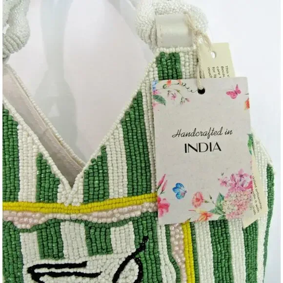 NWT Handcrafted in India Martini Beaded Bag Green & white Striped Tik Tok Viral - Picture 4 of 8